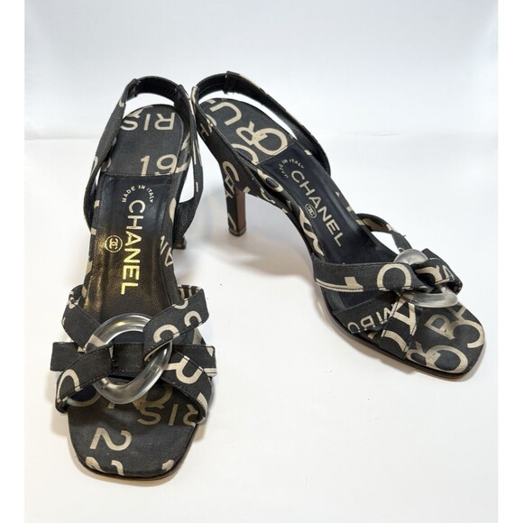 Chanel Slingback Heels Logo Printed Canvas Black & White Cross Sandals Sz 36 6 - Picture 2 of 11